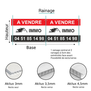 Visuel explicatif épaisseur akilux Panneau immobilier en V avec rabat, position des rainages pour le pli central et les rabats
